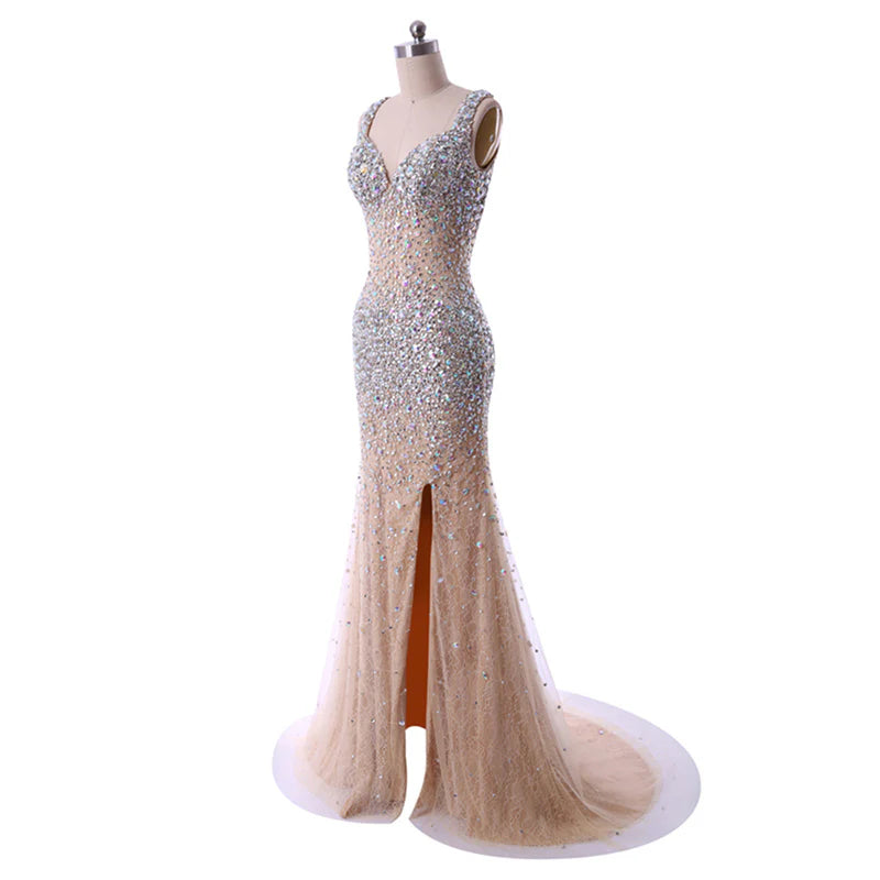 Style DC-Y7 - Beaded Sheer Pageant Evening Gown Dresses with Swarovski Crystals
