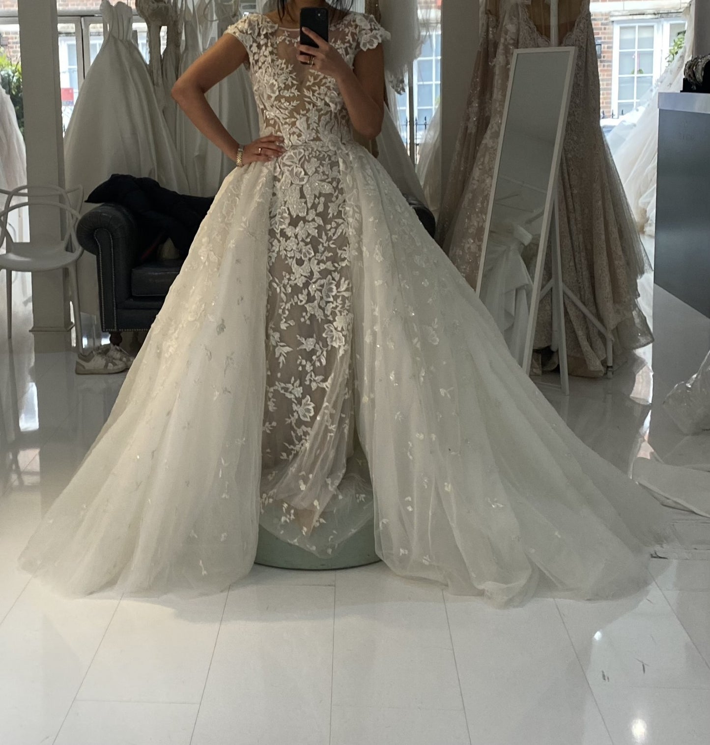 C2023-CS93 - short cap sleeve lace & embroidery embellished fitted wedding gown with detachable chapel train