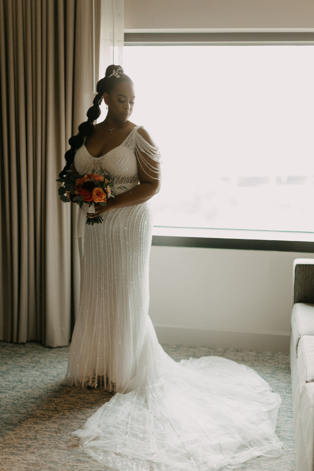C2023-SB775 - Backless scoop neck plus size beaded wedding gown
