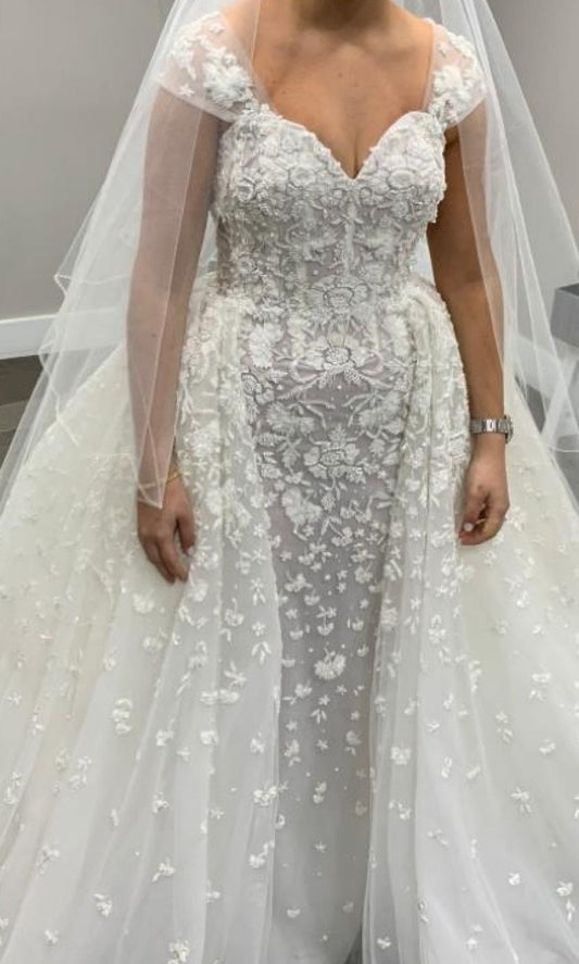 C2023-CS081 - short cap sleeve beaded lace wedding gown with detachable skirt train