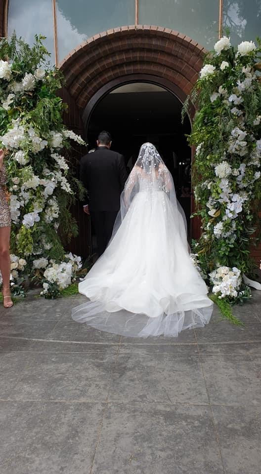 C2023-LS507P - sheer illusion neckline long sleeve a-line wedding dress with split.