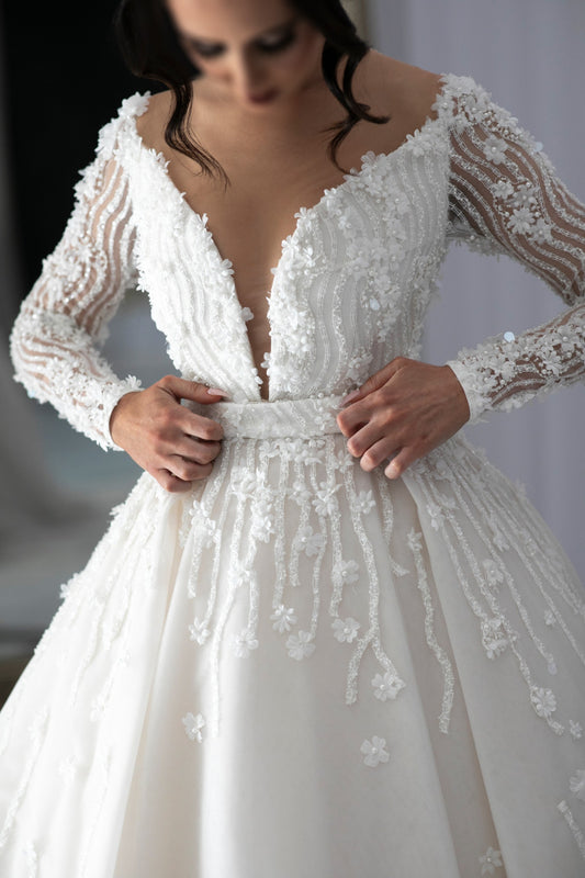 C2023-LS337B - sexy v-neck sheer long sleeve embellished wedding dress with detachable ball gown skirt