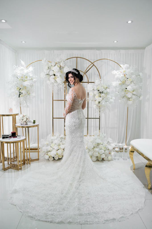 C2023-LS83P - sheer long sleeve beaded wedding gown with detachable train