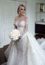 C2023-LS20T - Vestido de novia de manga larga con escote ilusión transparente y cola desmontable