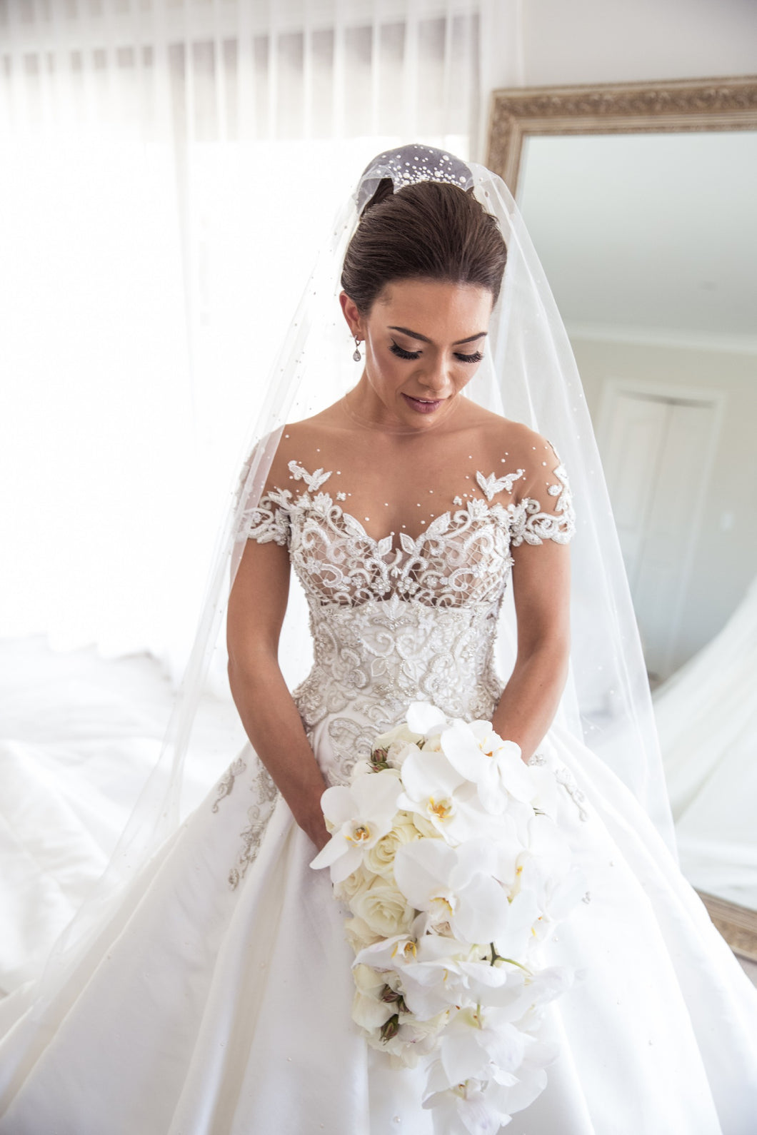 C2023-SS225 - short sleeve beaded lace and embroidered a-line wedding gown