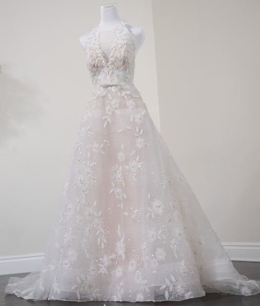 C2023-HA49V - 3D embellished sleeveless a-line halter style v-neck wedding dress