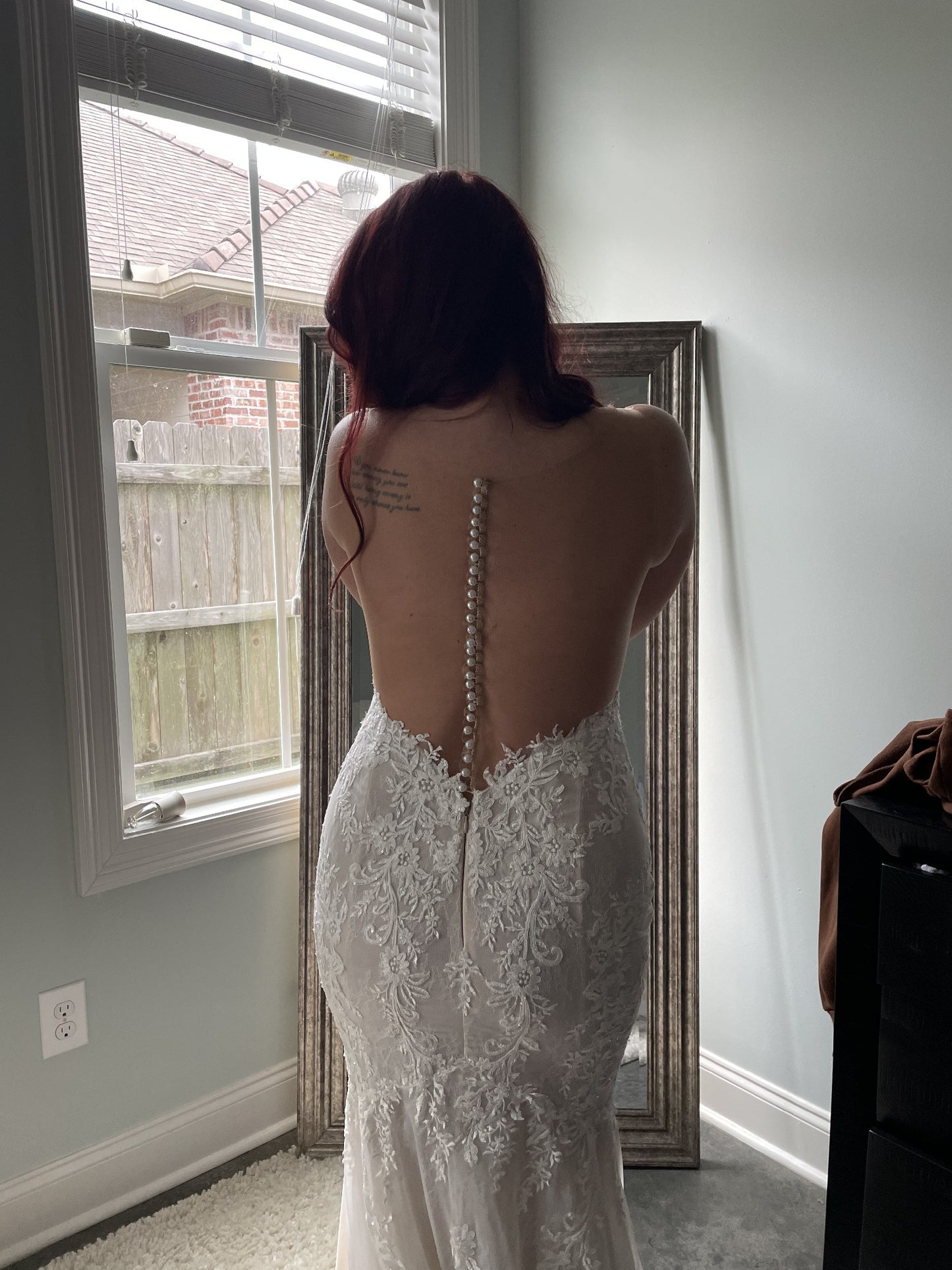 C2023-SS66Y - strapless beaded lace wedding gown with sheer back and chapel train