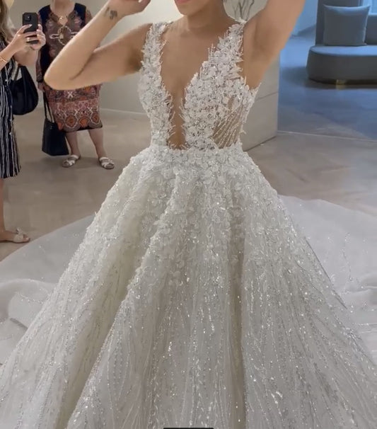 c2023-AL35V - sleeveless sheer v-neck beaded lace a-line wedding gown