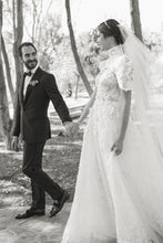 C2023-SS924 - short sleeve keyhole back wedding gown with high collar