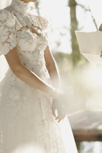 C2023-SS924 - short sleeve keyhole back wedding gown with high collar
