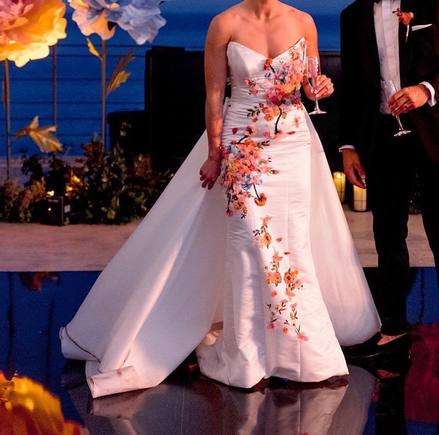 C2023-F933E - strapless sheath style colored 3D flower wedding gown with detachable train