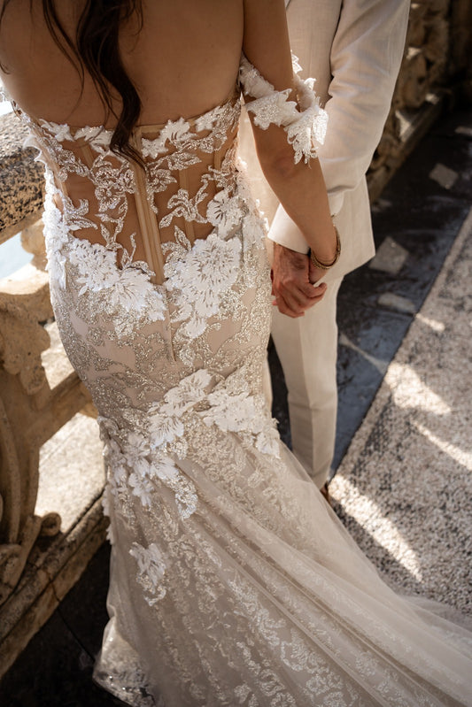 C2023-FL718 - beaded lace off the shoulder fit-and-flare wedding gown