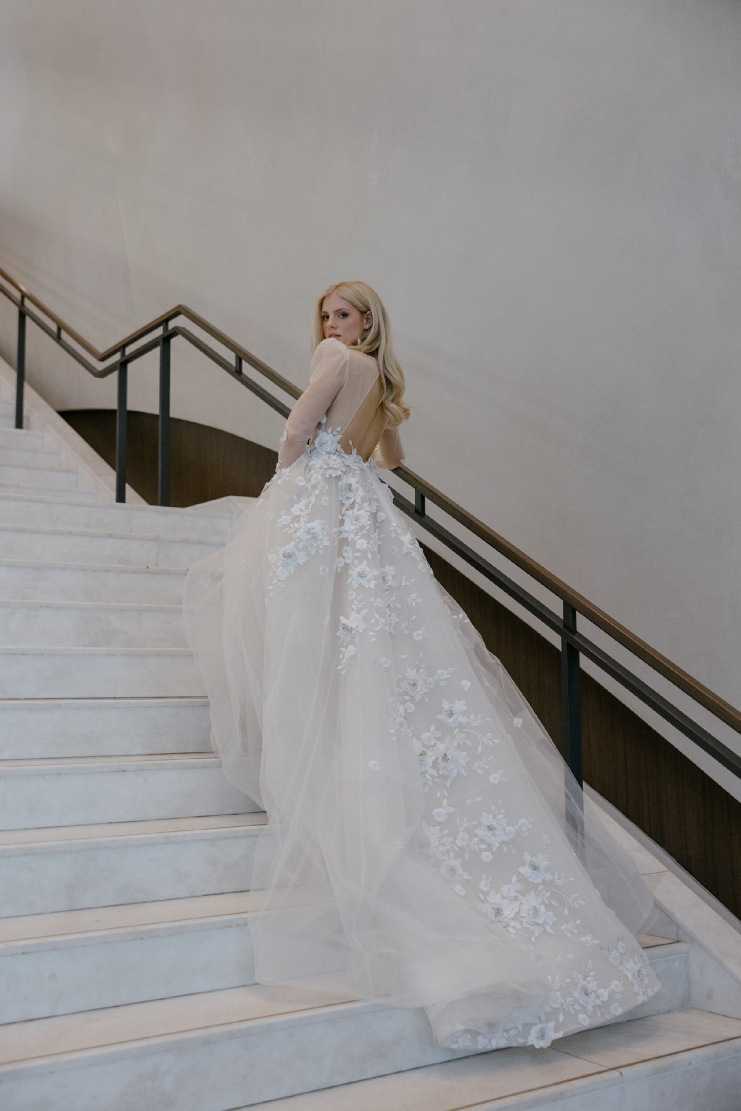 C2023-LS75V - sheer long sleeve deep sexy v-neck a-line style wedding dress