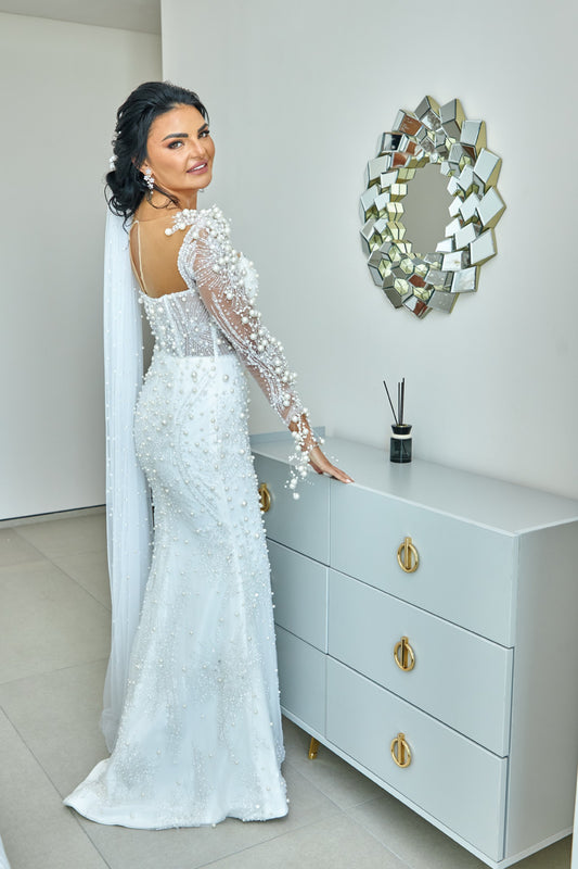 C2023-LSS62 - sheer long sleeve beaded sheath wedding gown