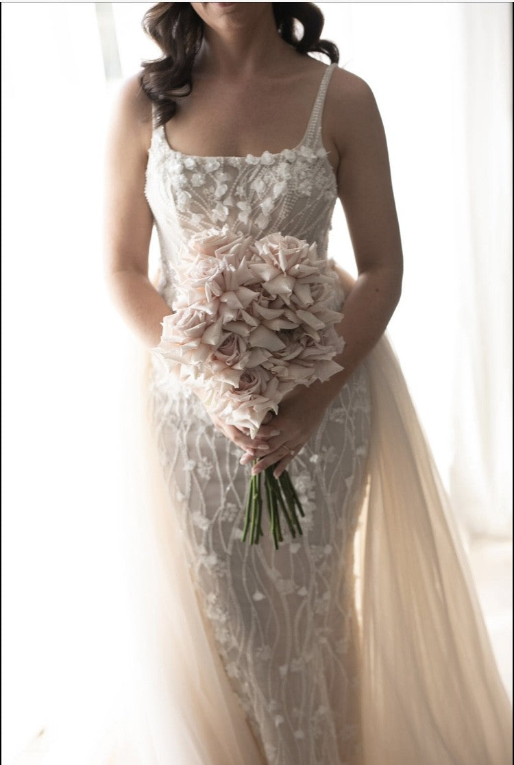 C2023-S650 - sleeveless scoop neck beaded embroidered lace wedding gown with detachable overskirt