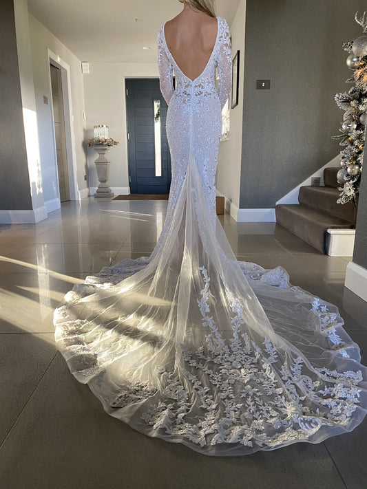 C2023-LSV88 - Berta Bridal Inspired Long Sleeve deep sexy v-neck beaded wedding gown