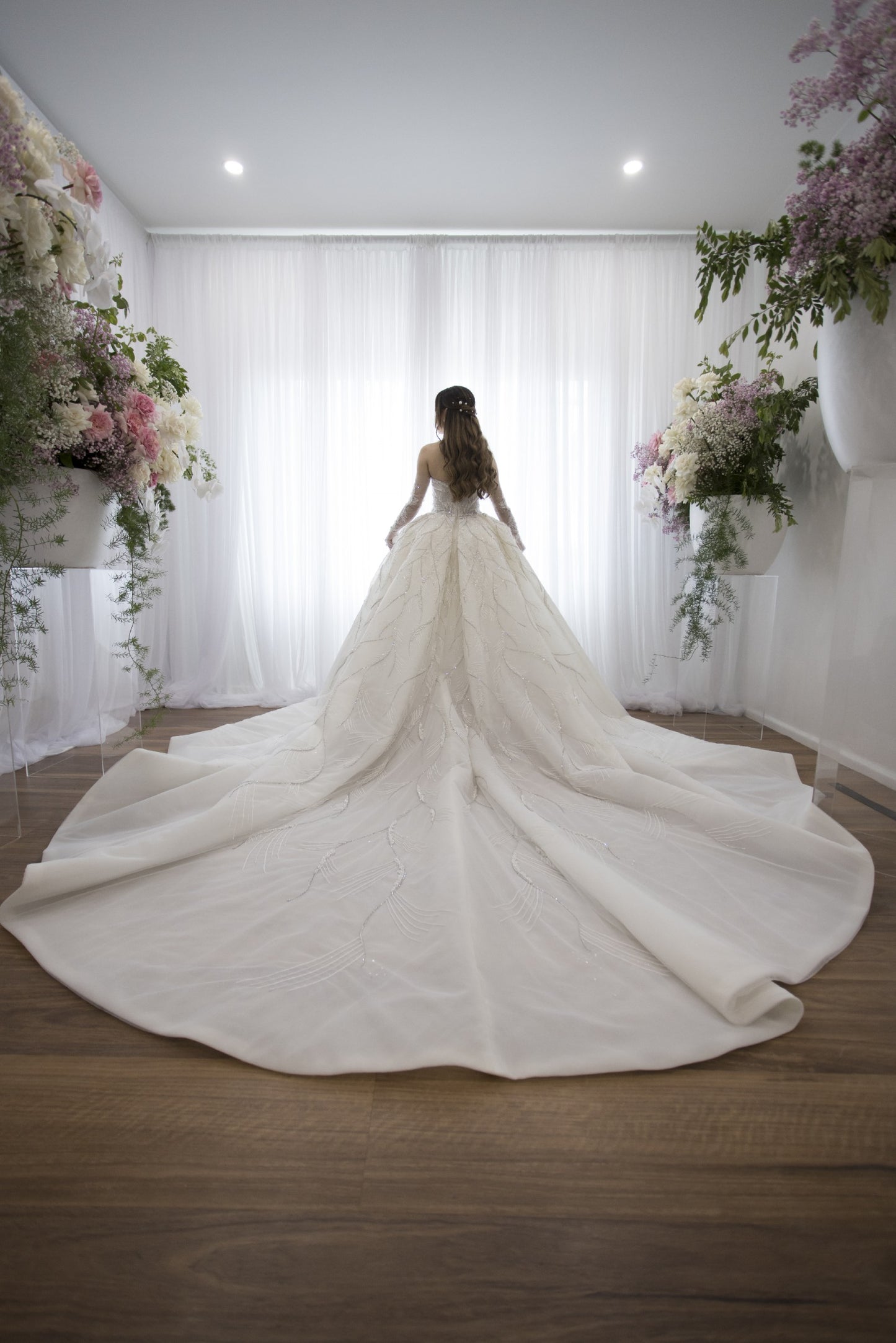 C2023-BG71Y - beaded formal ball gown wedding dress w sheer detachable sleeve