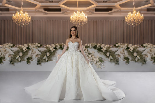 C2023-BG71Y - beaded formal ball gown wedding dress w sheer detachable sleeve