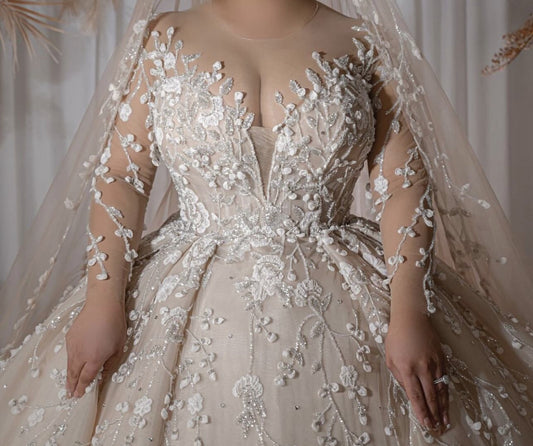 C2024-PSL993 - Plus size wedding ball gown with long sheer sleeves.