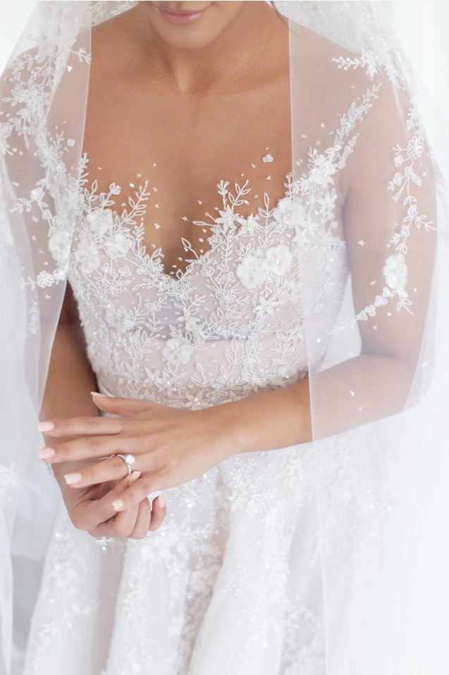 C2024-AL51S - illusion neckline wedding gown with detachable cathedral train