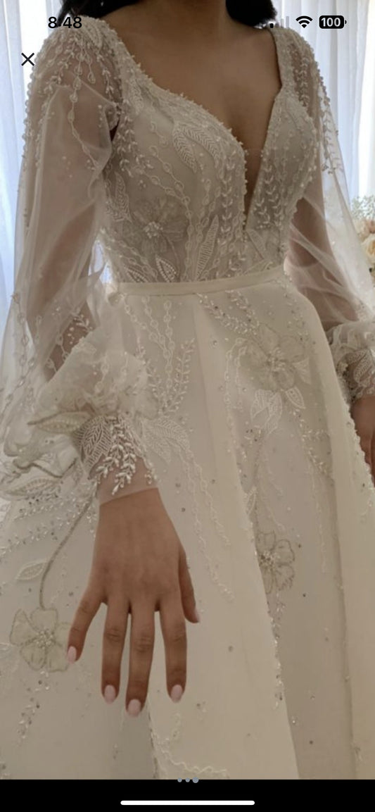 C2024-BG19L - Sheer trumpet sleeve wedding ball gown with chapel train