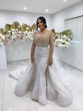 C2024-CB73 - vestido de novia con pedrería de cristal, manga larga transparente y cola desmontable