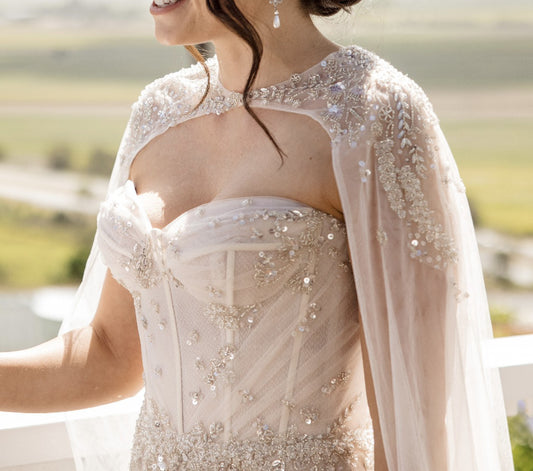 C2024-SSC42 - strapless beaded wedding dress with detachable cape train