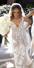 C2024-VN44F - vestido de novia sin mangas con cuello en V y adornos bordados en 3D