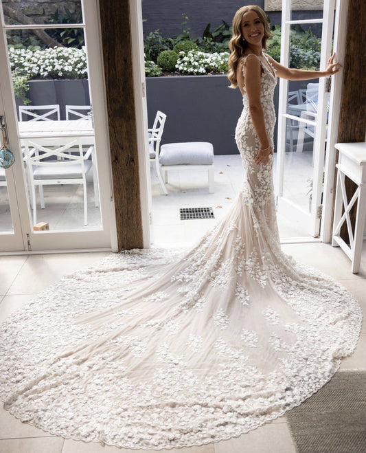 C2024-VN44F - sleeveless v-neck wedding gown with 3D embroidered embellishments