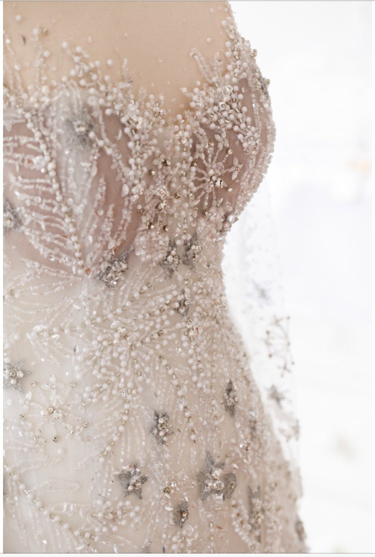C2024-LS77B - crystal beaded wedding gown with sheer long sleeves & illusion neckline