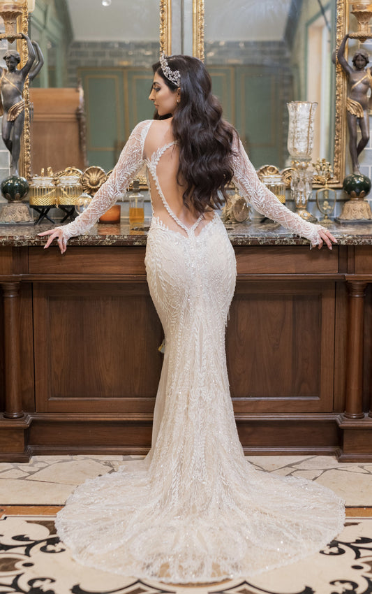 C2024-LS119 - backless beaded wedding gown with sheer long sleeves