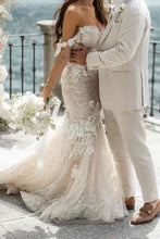 C2024-SS63F - Vestido de novia de encaje con pedrería y hombros descubiertos y corpiño tipo corsé