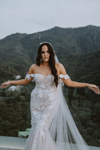 C2024-SS63F - Vestido de novia de encaje con pedrería y hombros descubiertos y corpiño tipo corsé
