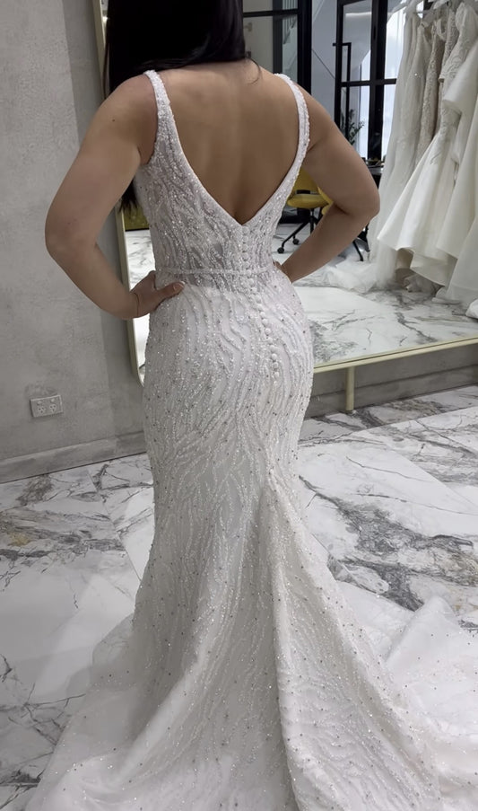 C2024-SB44 - sleeveless beaded wedding gown with open bust line and detachable train