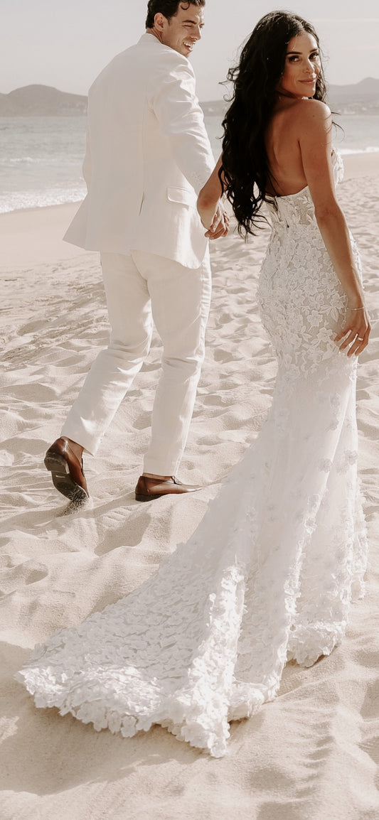 C2024-SL38 - strapless flowing wedding gown with beaded lace embellishments