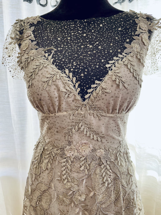 C2024-VE48 - cap sleeve vintage wedding gown with beaded embroidery & lace embellishments