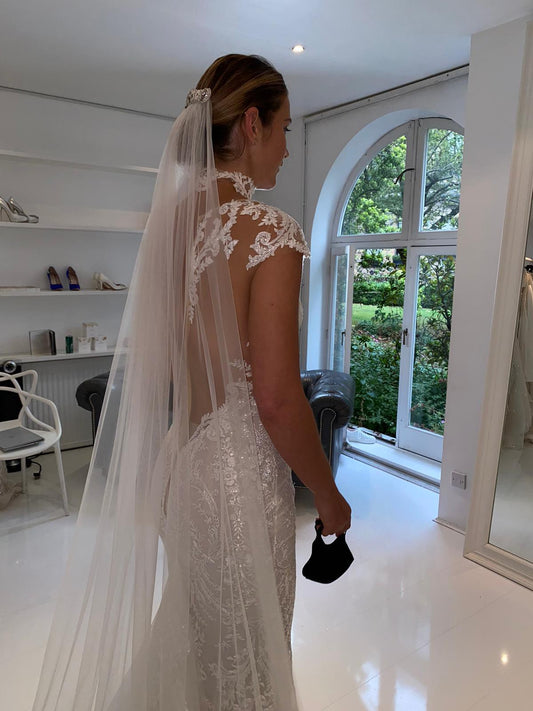 C2024-CS - short cap sleeve lace wedding gown with deep sexy v-neck bustline