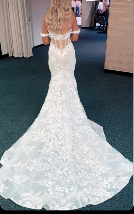 C2024-CF326 - draping off the shoulder lace wedding gown with built in corset bodice