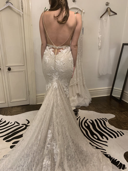 C2024-VF449 - Sleeveless fit-and-flare embroidered wedding gown with sexy deep v-neck bustline