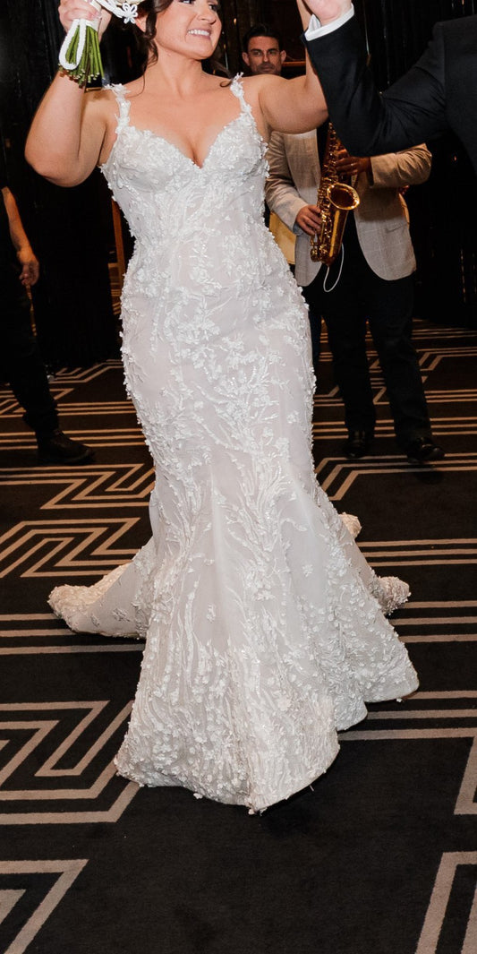 C2024-FF523 - fitted mermaid style wedding gown with 3D flower embellishments and detachable ball gown skirt