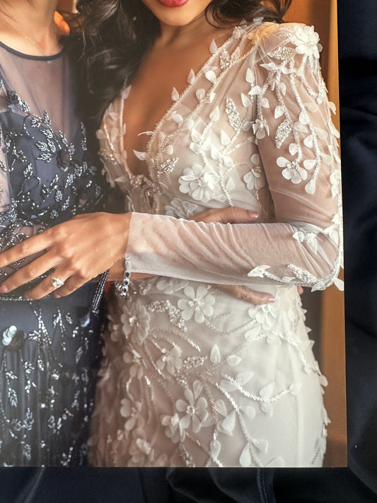 C2024-LS227V - fitted long sleeve wedding gown with open v-neck bustline