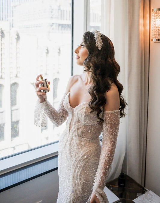 C2024-SS308 - strapless beaded wedding gown with detachable long sleeves