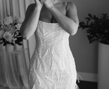 C2024-FF302 - fitted wedding gown with beading, feathers and spaghetti shoulder strap