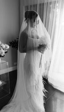 C2024-FF302 - fitted wedding gown with beading, feathers and spaghetti shoulder strap