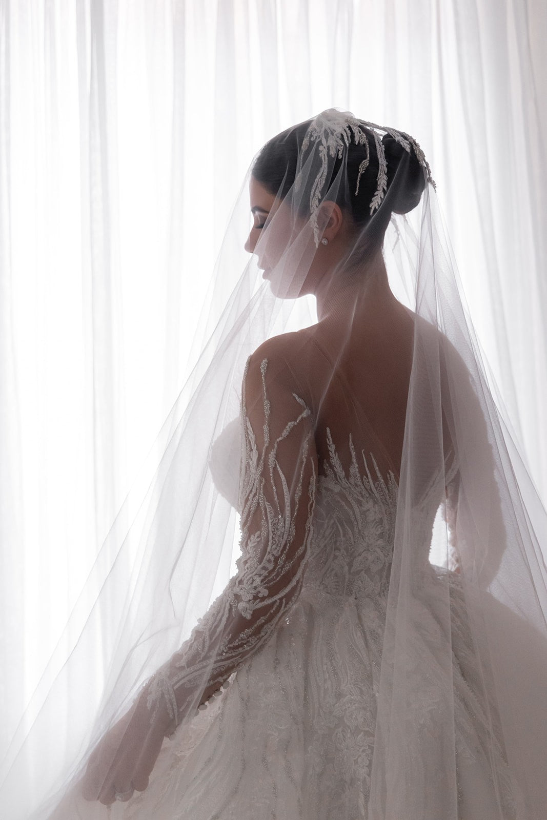 C2024-LS333 - Sheer illusion neck ball gown wedding dress with long sleeves