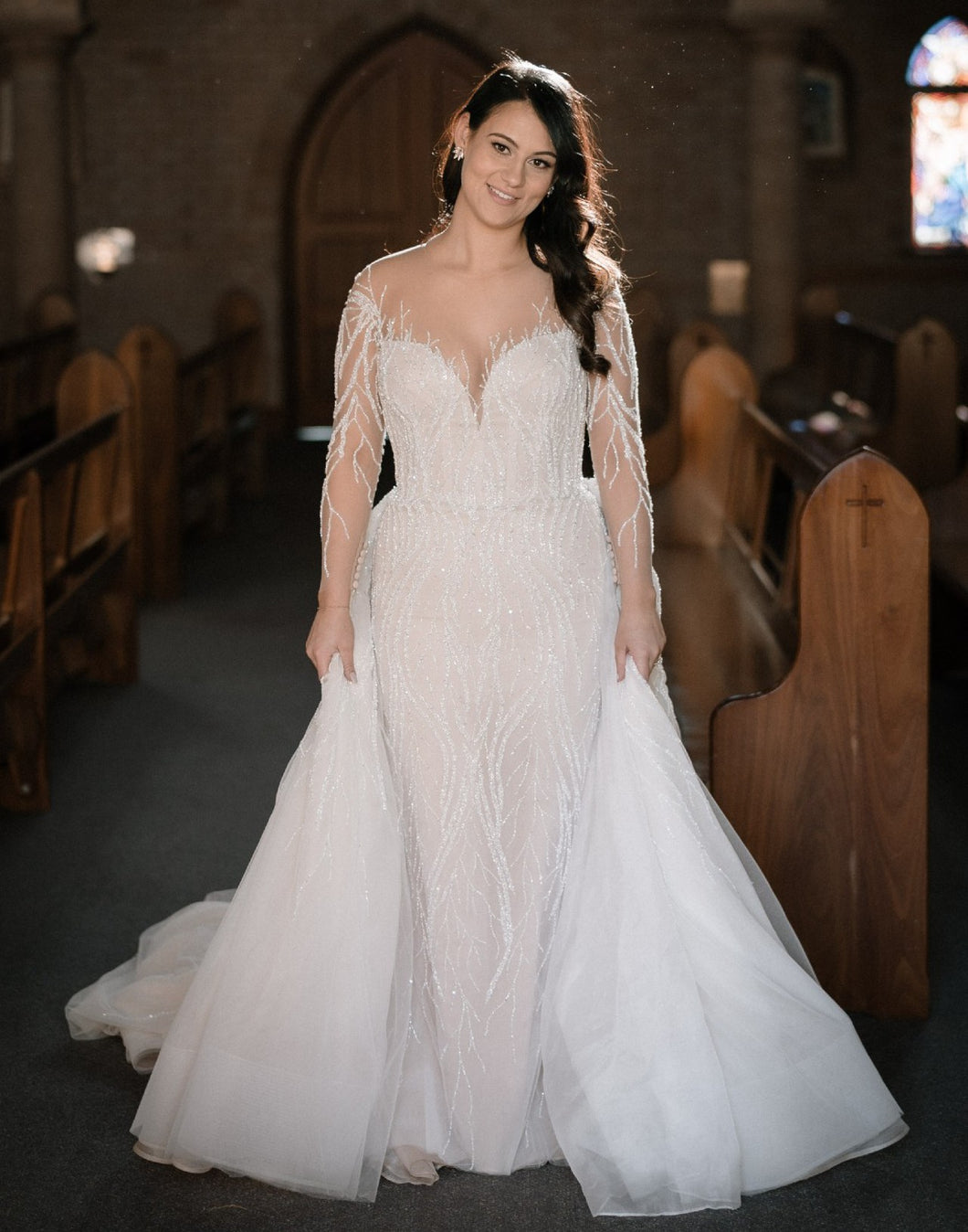 C2024-LS553 - illusion neckline wedding dress with long sheer sleeves