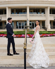 C2024-LS919 - Strapless a-line wedding gown with detachable sheer long sleeves and illusion neckline