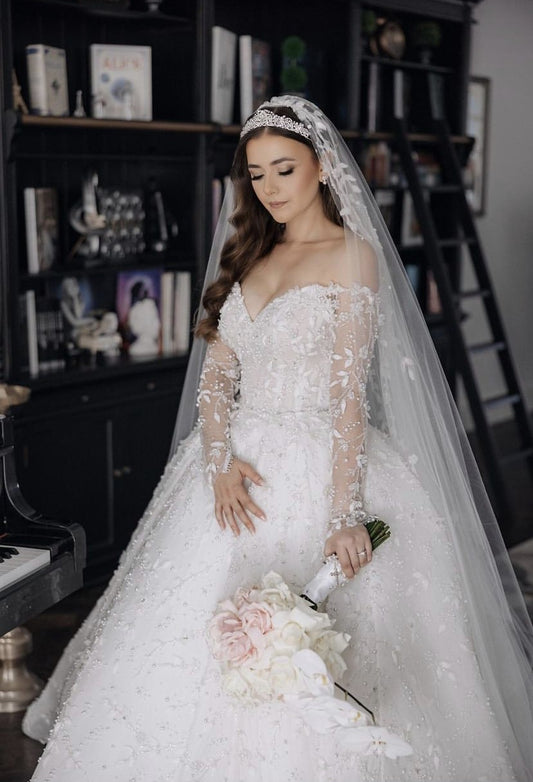 C2024-NLBC8 - long sleeve ball gown wedding dress with beaded embellishments