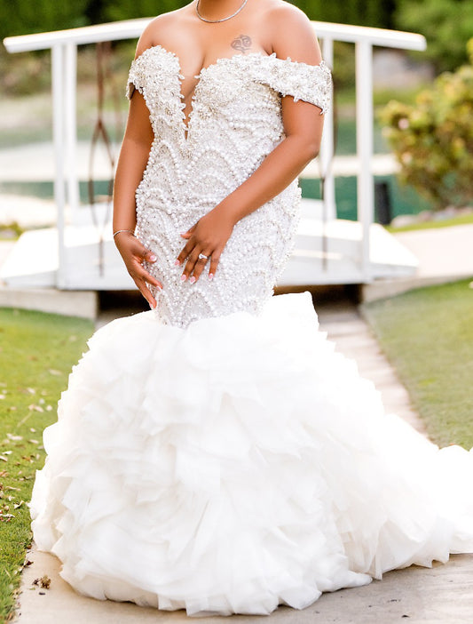 C2025-EA2766 - off the shoulder beaded fit-to-flare wedding gown