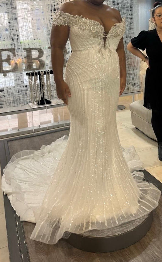 C2025-EA5017 - off the shoulder fit-to-flare plus size wedding gown